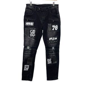 JeANS Men’s  Patch Studded Plein Faded‎ Skinny Distressed Jeans Black Size 30